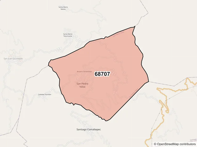 Mapa del código postal 68707, San Pedro Yólox, Oaxaca