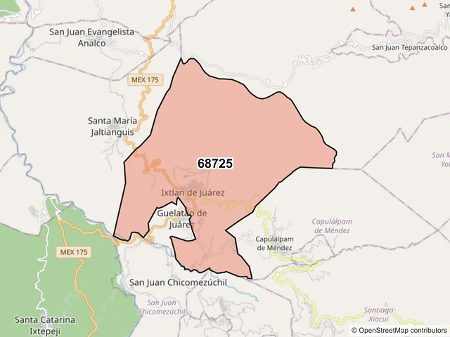 Mapa del código postal 68725, Ixtlán de Juárez, Oaxaca