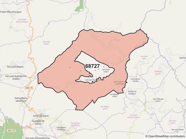 Mapa del código postal 68727, Ixtlán de Juárez, Oaxaca