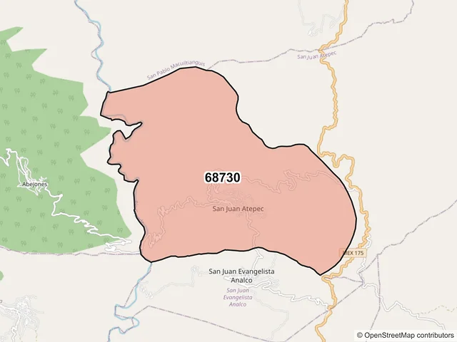 Mapa del código postal 68730, San Juan Atepec, Oaxaca
