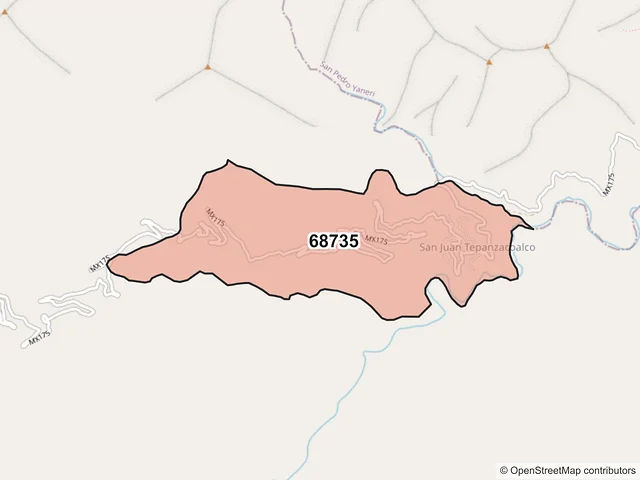 Mapa del código postal 68735, San Pedro Yaneri, Oaxaca