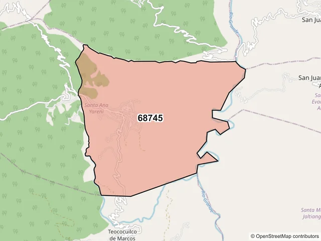 Mapa del código postal 68745, Santa Ana Yareni, Oaxaca