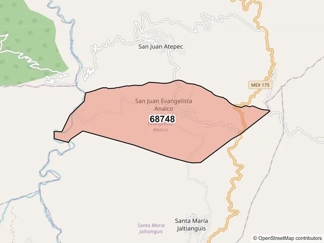 Mapa del código postal 68748, San Juan Evangelista Analco, Oaxaca