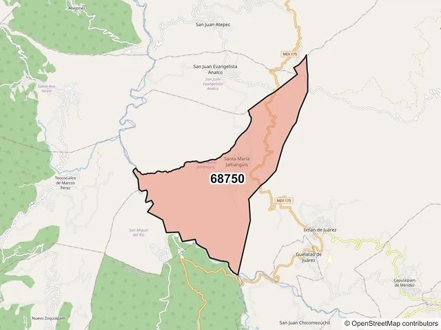 Mapa del código postal 68750, Santa María Jaltianguis, Oaxaca