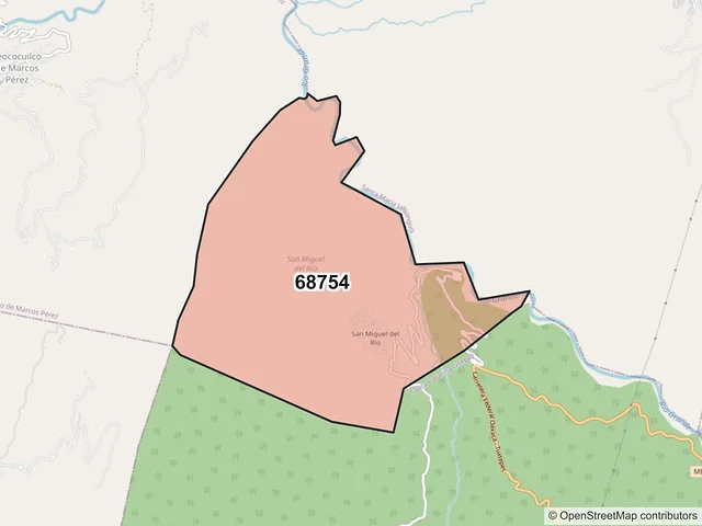 Mapa del código postal 68754, San Miguel del Río, Oaxaca