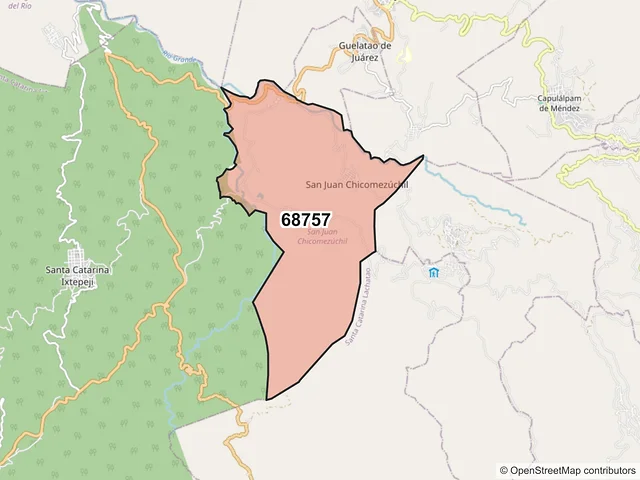 Mapa del código postal 68757, San Juan Chicomezúchil, Oaxaca