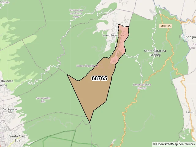 Mapa del código postal 68765, Nuevo Zoquiápam, Oaxaca