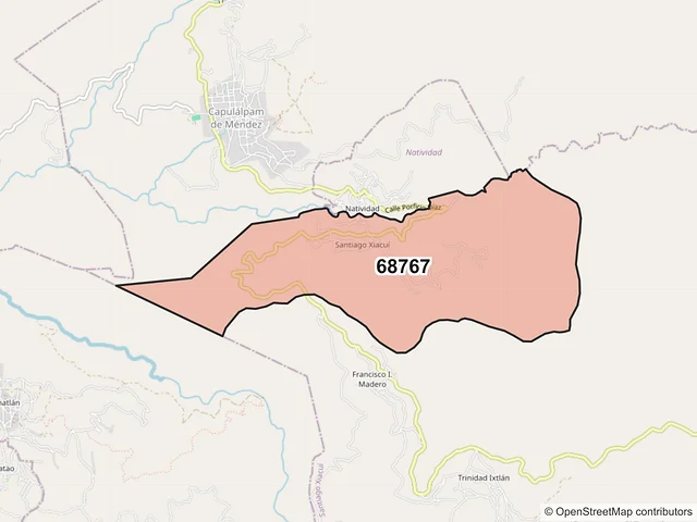Mapa del código postal 68767, Santiago Xiacuí, Oaxaca