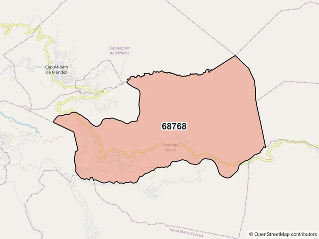 Mapa del código postal 68768, Santiago Xiacuí, Oaxaca