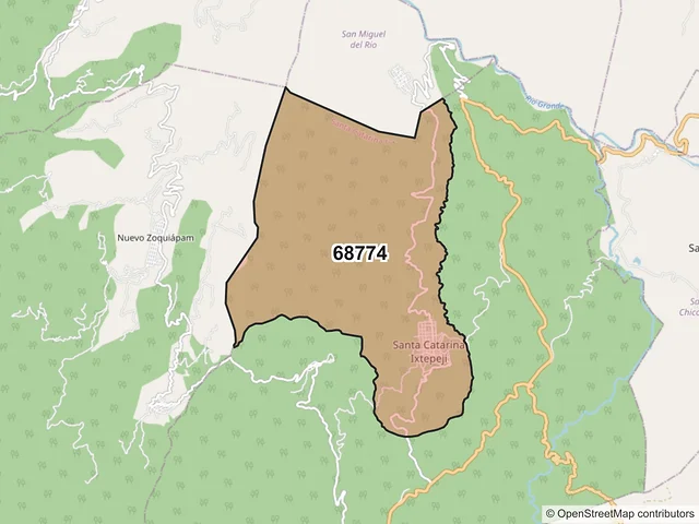 Mapa del código postal 68774, Santa Catarina Ixtepeji, Oaxaca