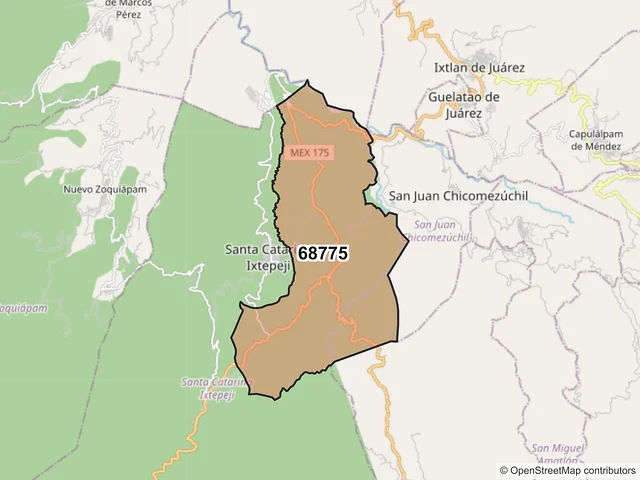 Mapa del código postal 68775, Santa Catarina Ixtepeji, Oaxaca