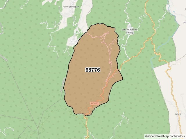 Mapa del código postal 68776, Santa Catarina Ixtepeji, Oaxaca