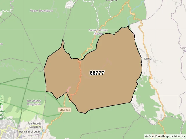 Mapa del código postal 68777, Santa Catarina Ixtepeji, Oaxaca