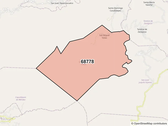 Mapa del código postal 68778, San Miguel Yotao, Oaxaca