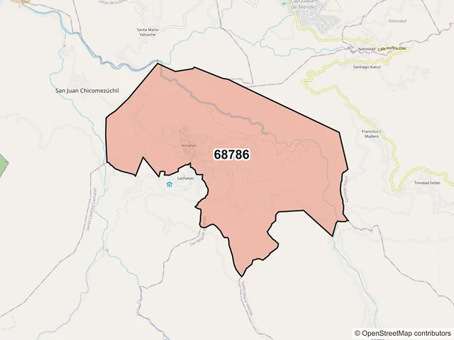 Mapa del código postal 68786, San Miguel Amatlán, Oaxaca