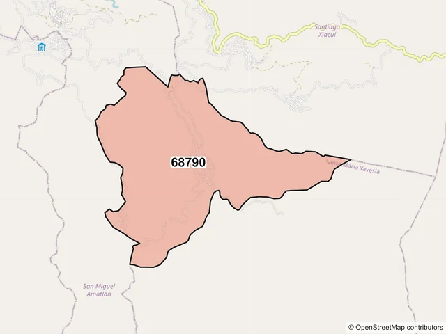 Mapa del código postal 68790, Santa María Yavesía, Oaxaca