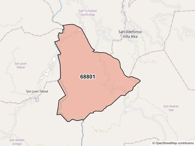 Mapa del código postal 68801, San Ildefonso Villa Alta, Oaxaca
