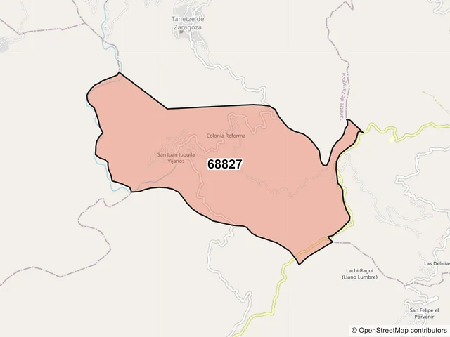 Mapa del código postal 68827, San Juan Juquila Vijanos, Oaxaca