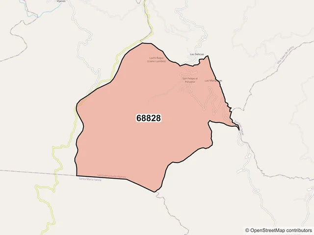 Mapa del código postal 68828, San Juan Juquila Vijanos, Oaxaca