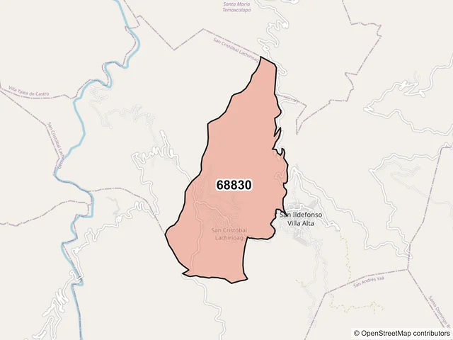 Mapa del código postal 68830, San Cristóbal Lachirioag, Oaxaca