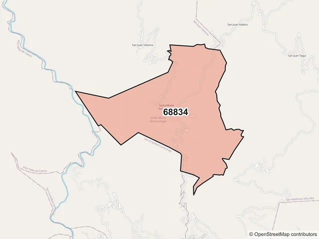 Mapa del código postal 68834, Santa María Temaxcalapa, Oaxaca