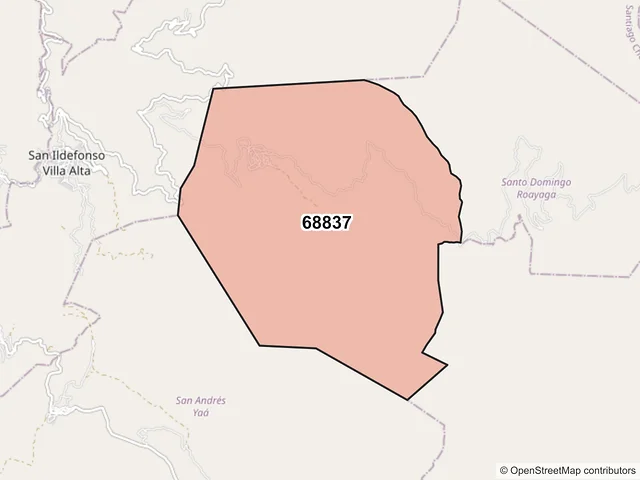 Mapa del código postal 68837, Santo Domingo Roayaga, Oaxaca