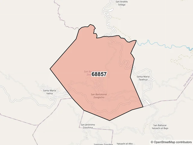 Mapa del código postal 68857, San Bartolomé Zoogocho, Oaxaca