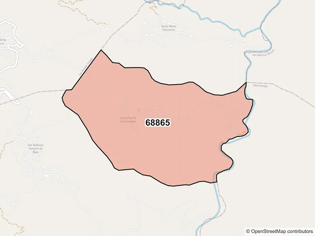 Mapa del código postal 68865, San Baltazar Yatzachi el Bajo, Oaxaca