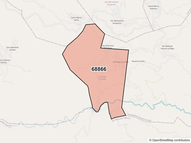 Mapa del código postal 68866, Santiago Zoochila, Oaxaca