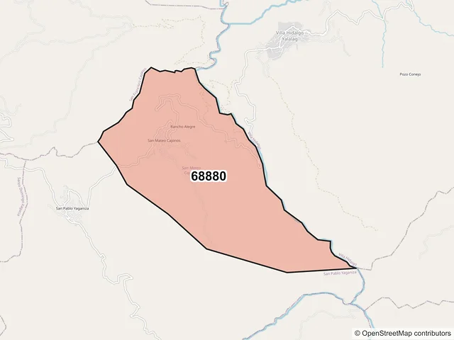 Mapa del código postal 68880, San Mateo Cajonos, Oaxaca