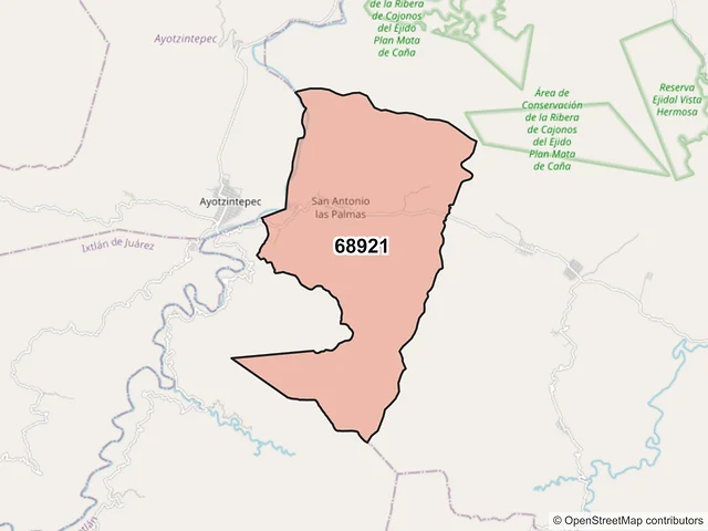 Mapa del código postal 68921, Santiago Jocotepec, Oaxaca
