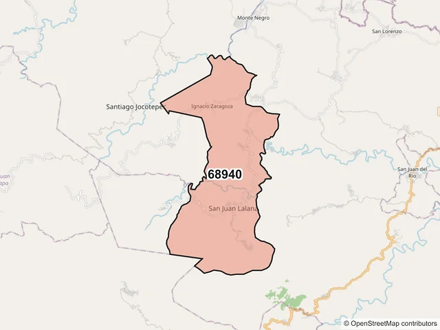 Mapa del código postal 68940, San Juan Lalana, Oaxaca