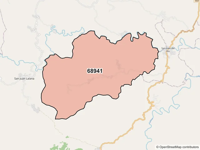 Mapa del código postal 68941, San Juan Lalana, Oaxaca