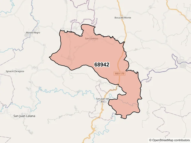 Mapa del código postal 68942, San Juan Lalana, Oaxaca