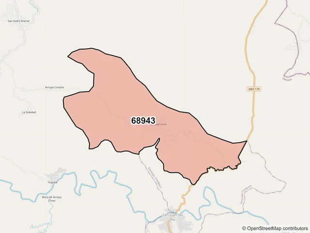 Mapa del código postal 68943, San Juan Lalana, Oaxaca