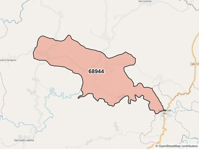 Mapa del código postal 68944, San Juan Lalana, Oaxaca