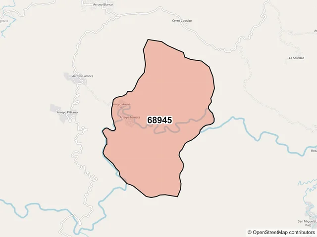 Mapa del código postal 68945, San Juan Lalana, Oaxaca