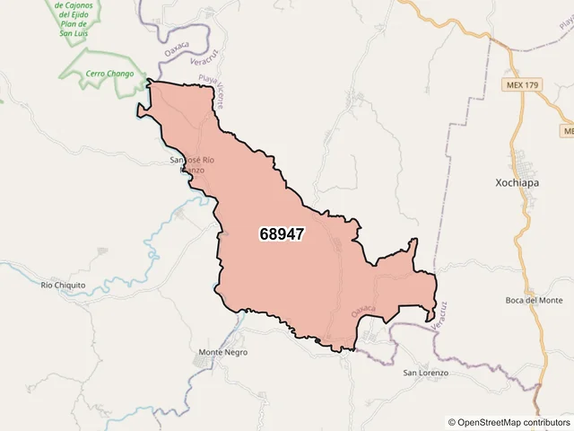 Mapa del código postal 68947, San Juan Lalana, Oaxaca
