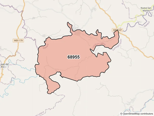 Mapa del código postal 68955, San Juan Lalana, Oaxaca