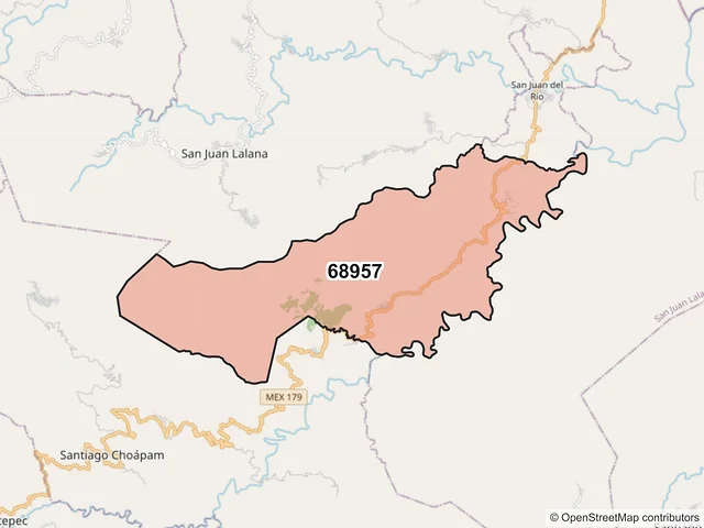 Mapa del código postal 68957, San Juan Lalana, Oaxaca