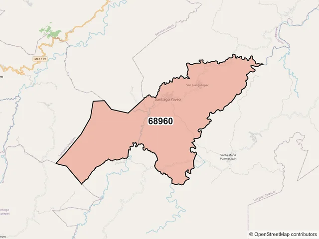 Mapa del código postal 68960, Santiago Yaveo, Oaxaca