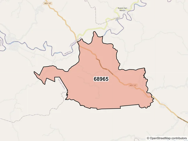 Mapa del código postal 68965, Santiago Yaveo, Oaxaca