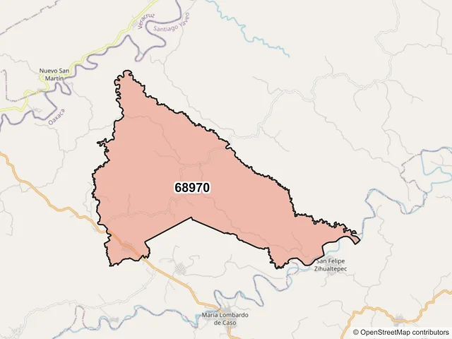 Mapa del código postal 68970, Santiago Yaveo, Oaxaca