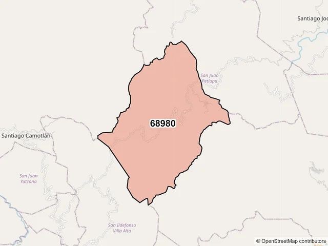 Mapa del código postal 68980, San Juan Petlapa, Oaxaca