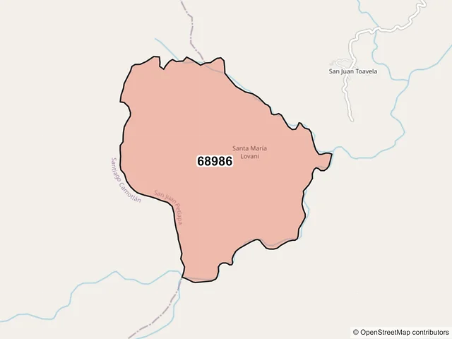 Mapa del código postal 68986, San Juan Petlapa, Oaxaca