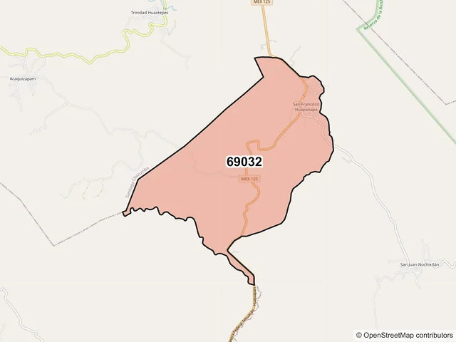 Mapa del código postal 69032, San Pedro y San Pablo Tequixtepec, Oaxaca