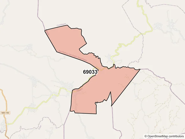 Mapa del código postal 69033, San Pedro y San Pablo Tequixtepec, Oaxaca