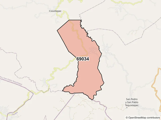 Mapa del código postal 69034, San Pedro y San Pablo Tequixtepec, Oaxaca