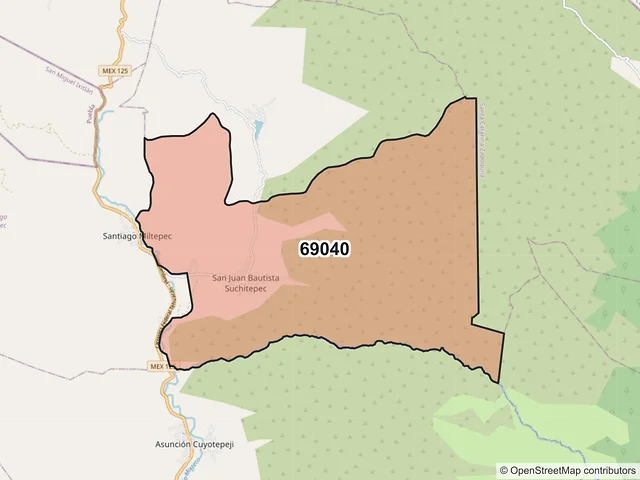 Mapa del código postal 69040, San Juan Bautista Suchitepec, Oaxaca