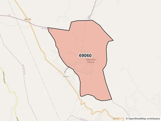 Mapa del código postal 69060, Zapotitlán Palmas, Oaxaca